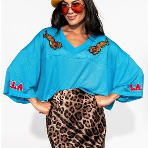 Blue V-Neck Mesh Top with Tiger Patches L/XL NWOT